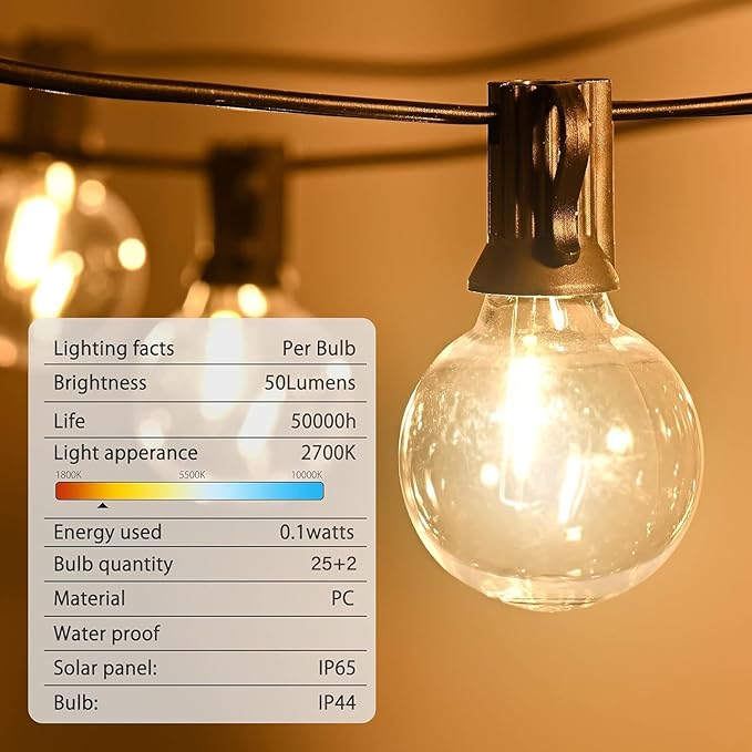 50FT LED Globe String Lights,Waterproof Hanging String Light with 25 Warm White Shatterproof G40 Bulbs(2 Spare), for Indoor/Outdoor Commercial Decor (50FT)