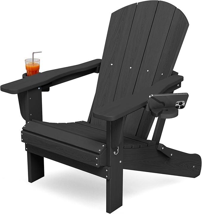 KINGYES Folding Adirondack Chair with Dual Cup Holders - HDPE All-Weather Outdoor Chairs, Wood-Like Patio Chair for Backyard, Camping, Pool & Fire Pit, Black