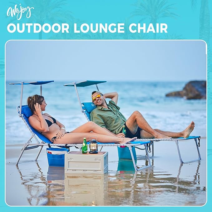 #WEJOY Folding Tanning Chair with Canopy Shade, Portable Adjustable 5-Position Patio Chaise Lounge with Pillow & Storage Pocket for Lay Flat Outdoor Lawn Backyard Beach Camping Pool (Cyan)