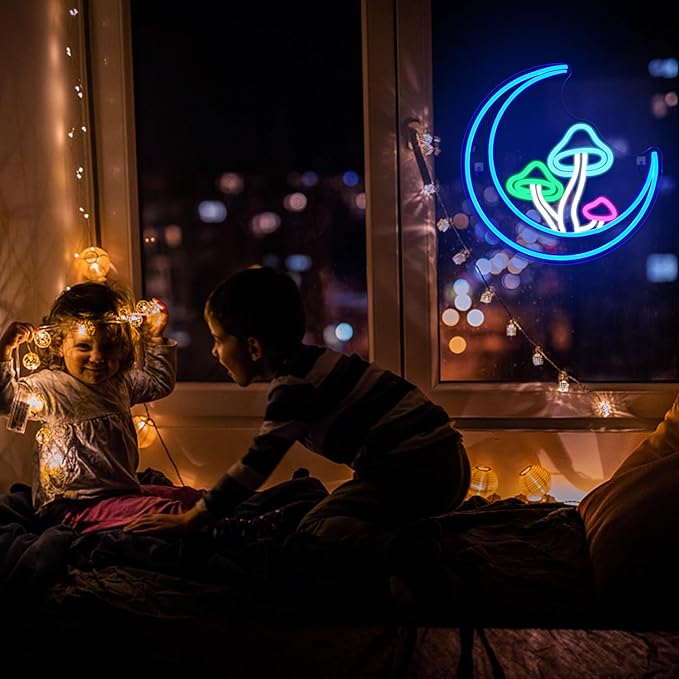 Moon Mushroom Neon Sign Blue Moon Neon Lights for Wall Decor Mushroom Light Up Signs USB LED Signs for Girls room Living Room Kids Room Home Bar Party Shop
