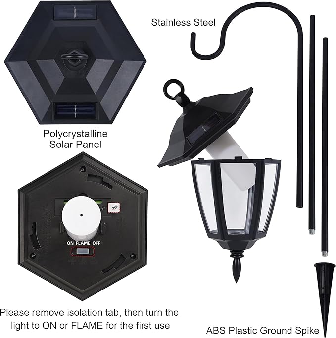 Dynaming 2 Pack Solar Flame Hanging Lights Outdoor, Solar Flickering Flame LED Garden Lanterns with 2 x 38 Inch Shepherd Hooks, Landscape Lighting Waterproof for Lawn Patio Yard Pathway Driveway