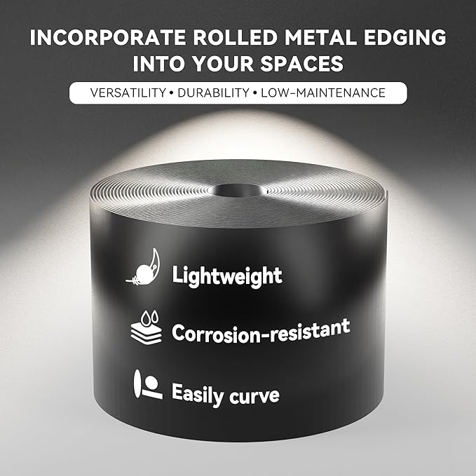 Worth Galvanized Steel Landscape Edging 4.5" x100' Metal Garden Edging Roll Flexible Bender Border with 31Pcs Stakes for Lawn, Flower Bed Edges, Black