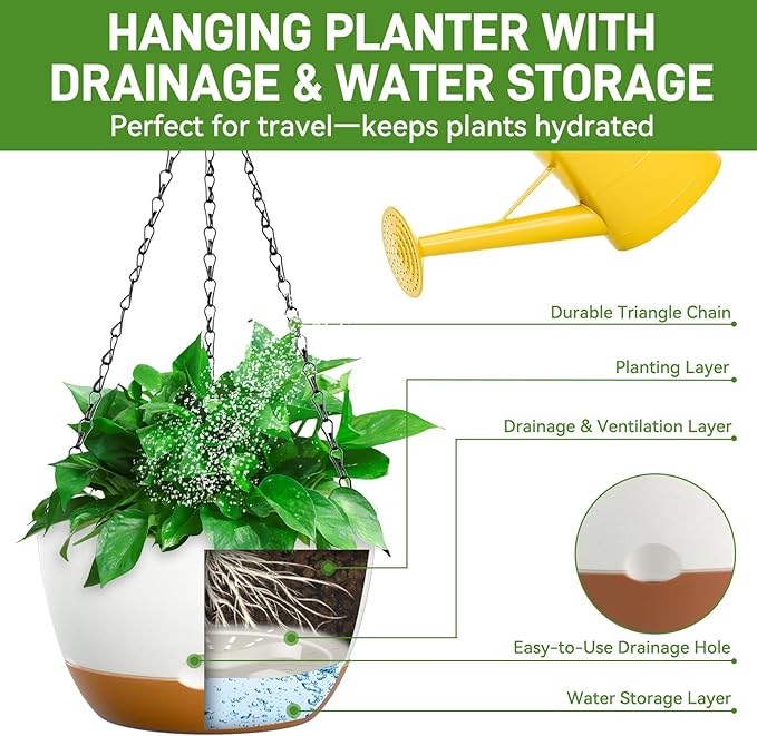 10 Inch Hanging Planters for Indoor & Outdoor Use (2 Pack) - Self-Watering & Drainage Flower Pots with Chain & Macrame Hangers (White, 10 in)