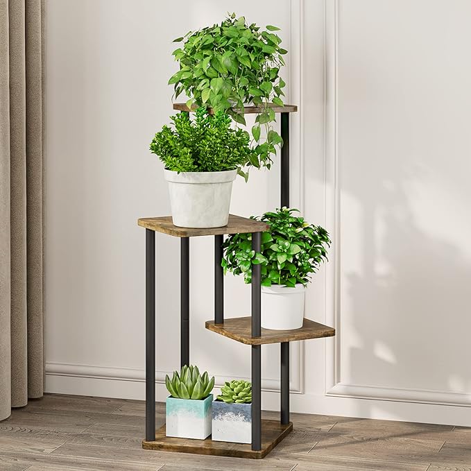 AZERPIAN Plant Stand 4 Tier Indoor Metal Flower Shelf for Multiple Plants Corner Tall Flower Holders for Patio Garden Living Room Balcony Bedroom, Black (4 Tier-Black)