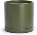 D'vine Dev 12 Inch Ceramic Planter Pot with Drainage Hole and Saucer, Indoor Cylinder Round Planter Pot, Olive, 94-O-F-J