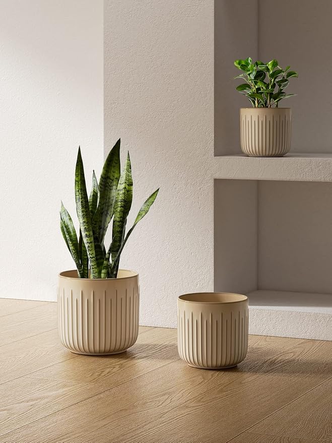 LE TAUCI Ceramic Planters, 8.3+6.9+5.7 Inch Plant Pots for Indoor Plants, Set of 3 Flower Pots with Drainage Holes, Round Planters Pot for Indoor House Plants, Reactive Glaze Cloud Cream