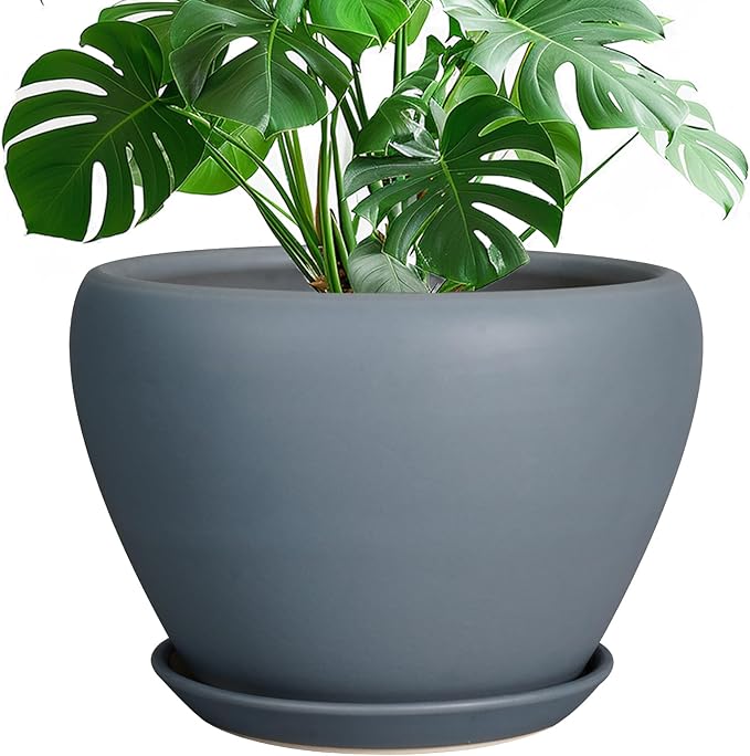 10 Inch Plant Pot - Ceramic Planter for Indoor Plants Large Plant Pot with Drainage Hole and Saucer Round Outdoor Planter Modern Flower Pot for Home Decor Gray