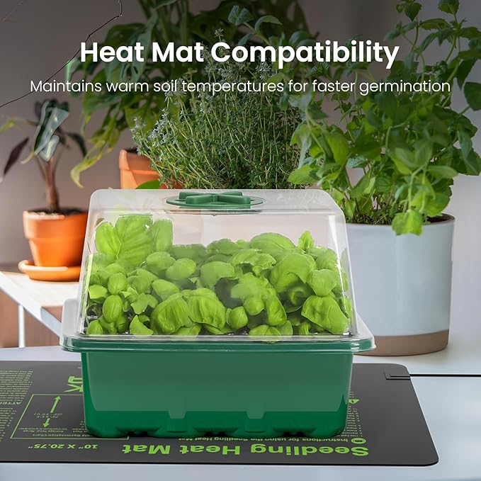 MIXC 6-Pack Seed Starter Tray Kit with Plant Light Seedling Trays with Adjustable Humidity Domes & Clear Cell Trays 12 Full Spectrum LED Beads for Indoor Plant Growth (Green)