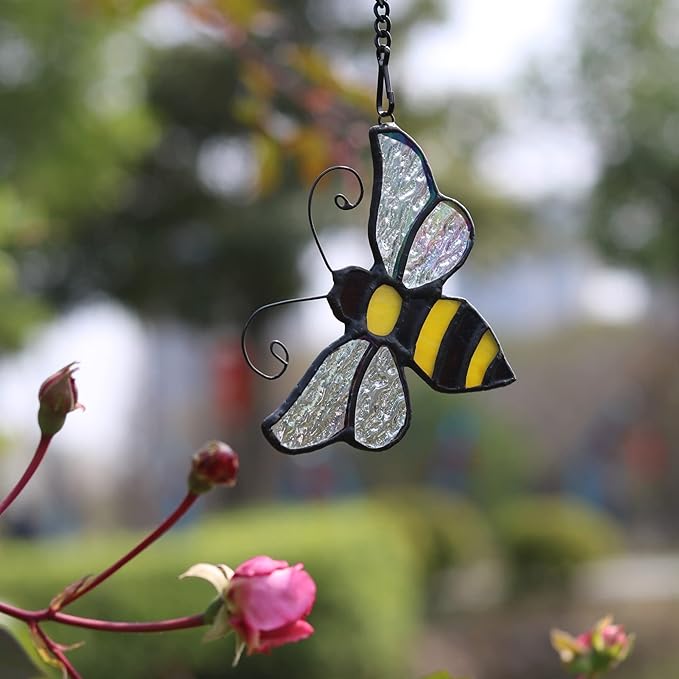 Bumble Bee Ornament Stained Glass Window Hanging Suncatcher Home Decor, Birthday Gifts for Mom Grandma Aunt Sister Bee Lover, Mother's Day Bee Decoration