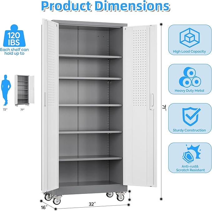 71" H×32" W×16" D Garage Storage Cabinet with Wheels & Pegboard, Locking Metal Storage Cabinet with Doors and 5 Adjustable Shelves & & 4 Hooks for Garage Warehouse Home Office, White and Gray