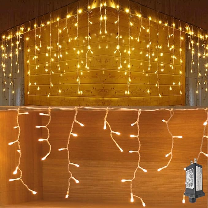 YASENN 300Led Icicle Style String Lights 29.5FT,Update Connectable 8 Lighting Modes with Timer Icicle Lights for Home Garden Outdoor Indoor Eave Decor (Warm White LED White Cable)