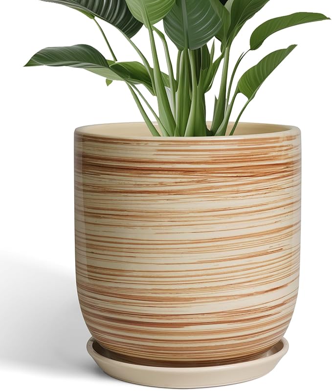 12 Inch Pots for Plants - Ceramic Planters for Indoor Plants, Large Planter Pot for Home Garden Patio Office with Drainage Hole Cylinder Flower Pot Yellow
