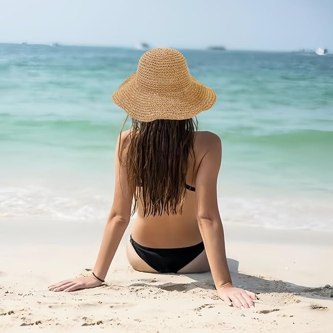 Floppy Big Beach Straw Hats for Women Foldable Summer Wide Brim Packable Sun Hat Womens Travel Straw Fedora Hat
