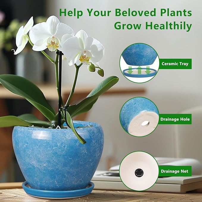 10 Inch Planter Pot - Ceramic Pots for Plants with Drainage Hole and Saucer, Round Large Flower Pot for Indoor Plants, Blue
