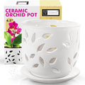 Orchid Pot with Holes & Saucer Ceramic 6.5 in. Indoor or Outdoor Large Pot for Orchid Care & Root Health with Precise Aeration & Drainage – Durable for Repotting or New Plants