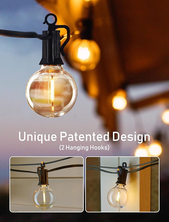Brightown Led String Lights Outdoor 100Ft Waterproof G40 Patio Lights with 104(4 Spare) Led Shatterproof Bulbs, Led Globe Hanging Lights for Porch Bistro Balcony Backyard Decor, E12 Socket, 2200K