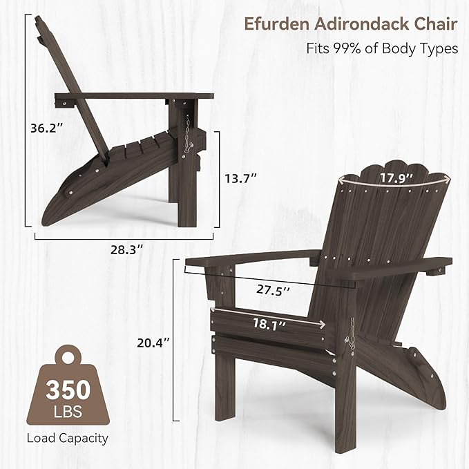 Folding HDPE Adirondack Chair Set of 2, Weather-Resistant Patio Chair with Wide Armrests & High Backrest, Fire Pit Chair for Garden, Backyard, Porch - Dark Brown