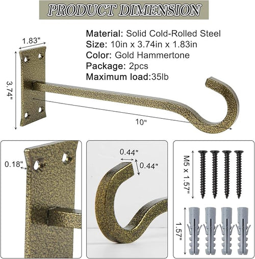 10 inch Heavy Duty Hanging Plant Bracket Decorative Wall Hook 2 Pack (Gold Hammertone)