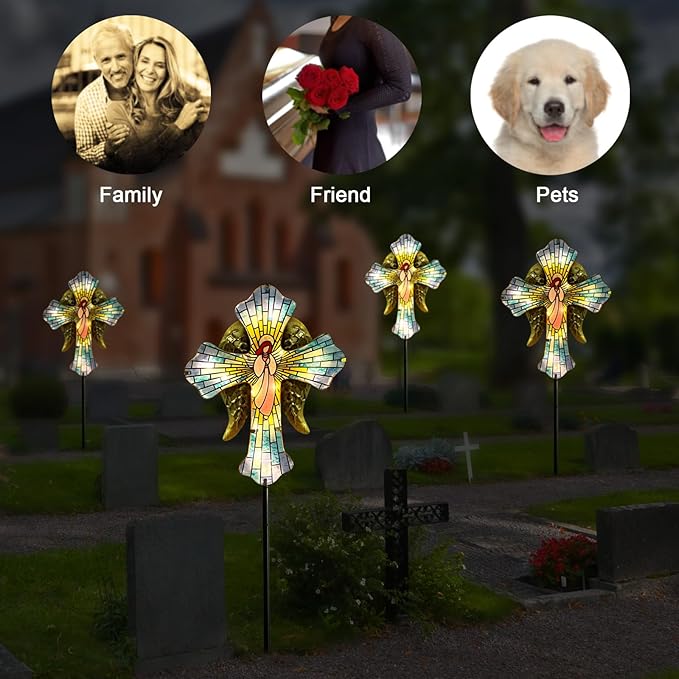 Solar Cross Garden Stake Lights for Outdoor Garden,Cemetery,and Yard Decor,Angel Wings Cross Solar Christmas Lights Outdoor,Memorial Gifts Angel