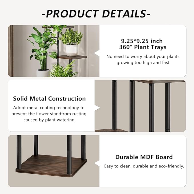 AZERPIAN Plant Stand 5 Tier Indoor Metal Flower Shelf for Multiple Plants Corner Tall Flower Holders for Patio Garden Living Room Balcony Bedroom, Black Oak (5 Tier-Black Oak)