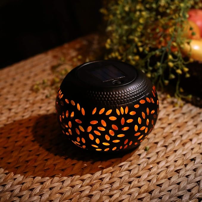 Solar Table Lantern Outdoor Waterproof- 2 Pack Dancing Flickering Flame Solar Light,Black Metal Desktop Decorative Lamp Auto On/Off Lighting Dusk to Dawn for Desk Patio Garden Pathway Yard