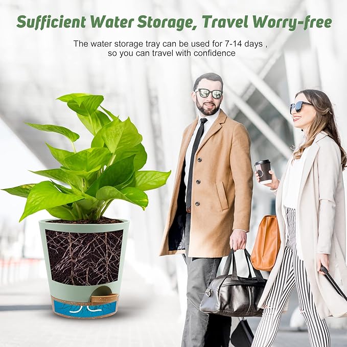 Indoor Self Watering Planters with Drainage Holes and Saucers, 8, 7, 6.5, 6, 5.5, 5 Inches, Green, 6 Pots