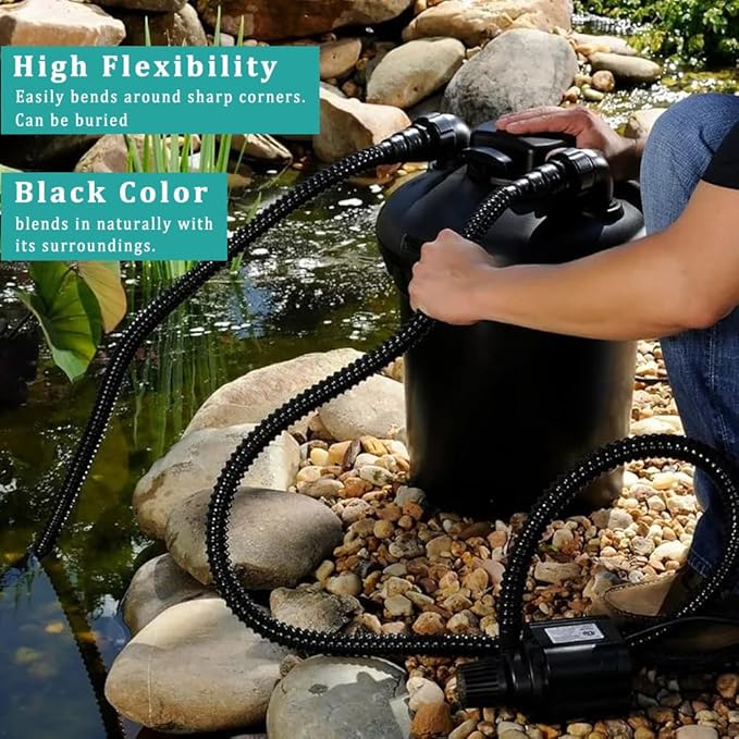 Pond Tubing ID 1 1/4” × 50ft Black Corrugated Flexible Reinforced Waterfall Pond Tube Sump Pump Hose, Non-toxic & Kinkproof (50 ft, 1 1/4" ID)