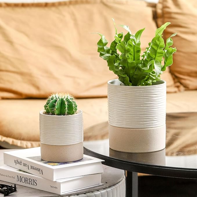 Nihow Self Watering Plant Pot: 4.5 Inch Ceramic Planter with Drainage Hole & Water Storage Plus for Indoor & Outdoor Plants - Cylinder Flower Pot for Herbs/Violets - White & Brown