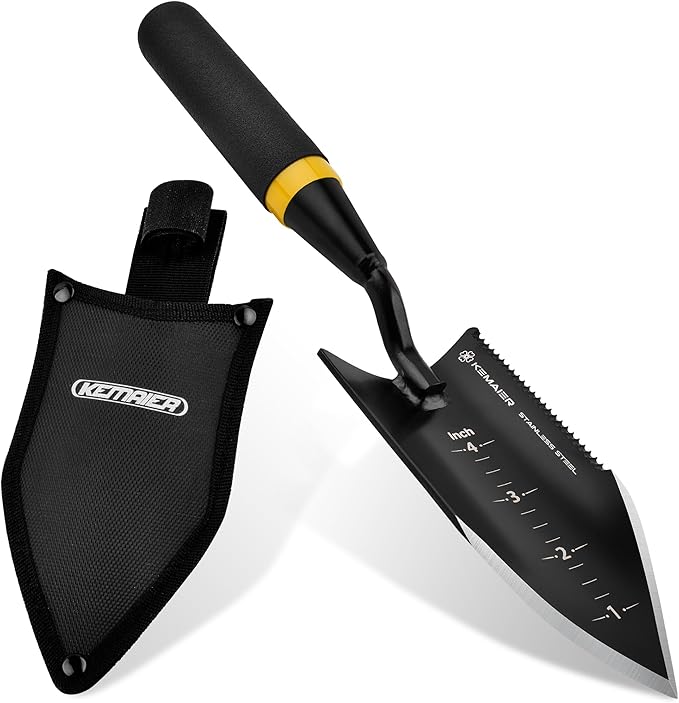 Heavy - Duty Trowel Garden Tool - Stainless Steel Serrated Hand Shovel for Effortless Digging, Weed Control, and Precise Bulb Planting with Included Sheath