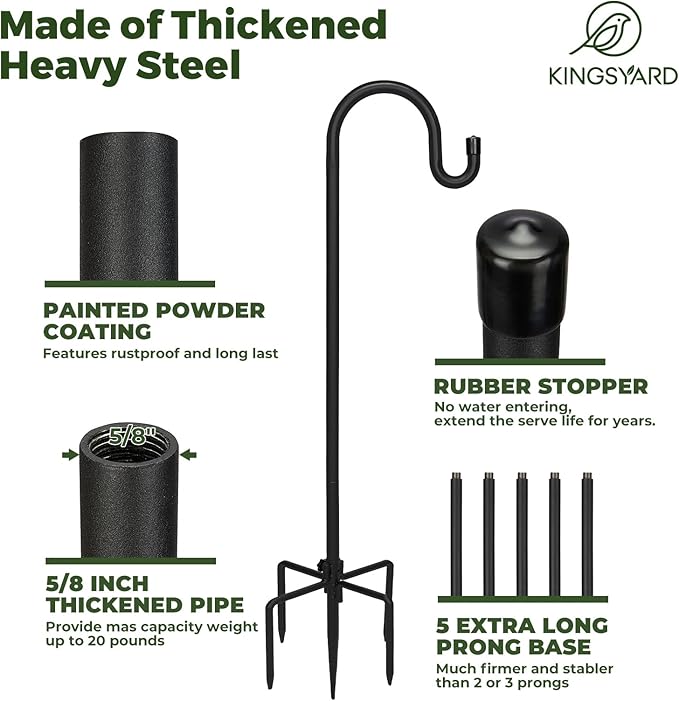 Kingsyard 2 Pack Adjustable Shepherd Hooks for Outdoor - 76 INCH Heavy Duty Bird Feeder Pole with 5 Prong Base, Hummingbird Feeder Stand, Garden Plant Baskets, Weddings Decor, Solar Light Lanterns