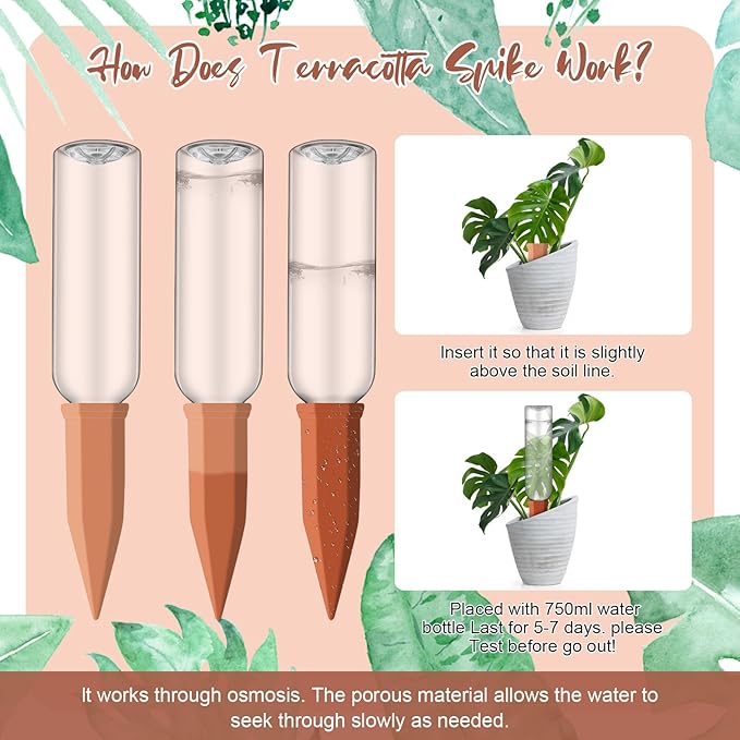 3 Sets Plant Watering Devices Include Terracotta Self Watering Spikes and 26 oz Plastic Bottles, Slow Release Vacation Insert Automatic Plant Waterer Device (Blue Clear Brown and Terracotta)