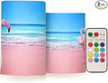 Flickering Flameless Candles, Pink Flamingo on Beach LED Candles with Remote Timer, Set of 2 Battery Operated Candle for Valentine Wedding Birthday