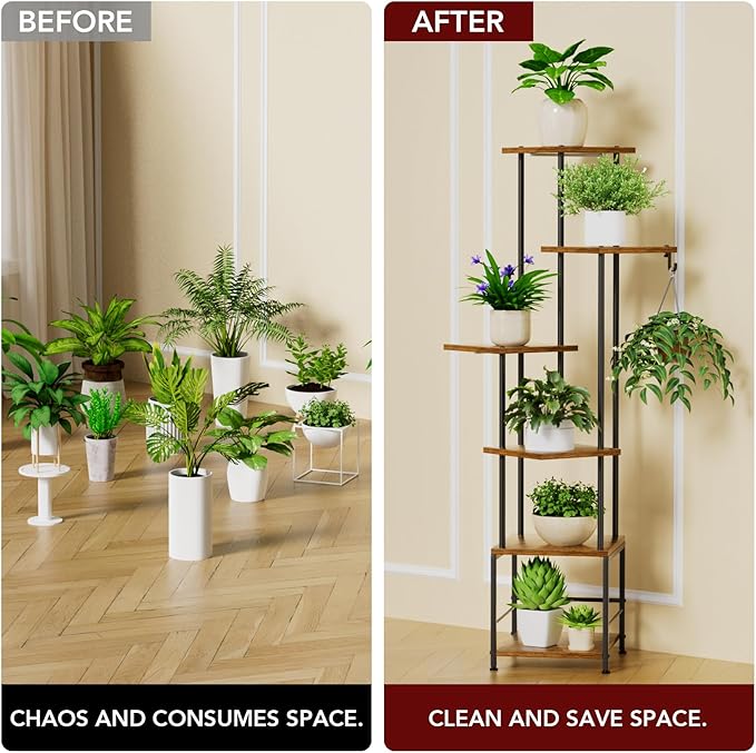 Plant Stand Indoor with Grow Light, 6-Tiered Tall Plant Stand Indoor, Metal Plant Shelf with Hanging Basket Hook and Adjustable Light, Ideal for Living Room, Garden, Patio, （Brown and Black）