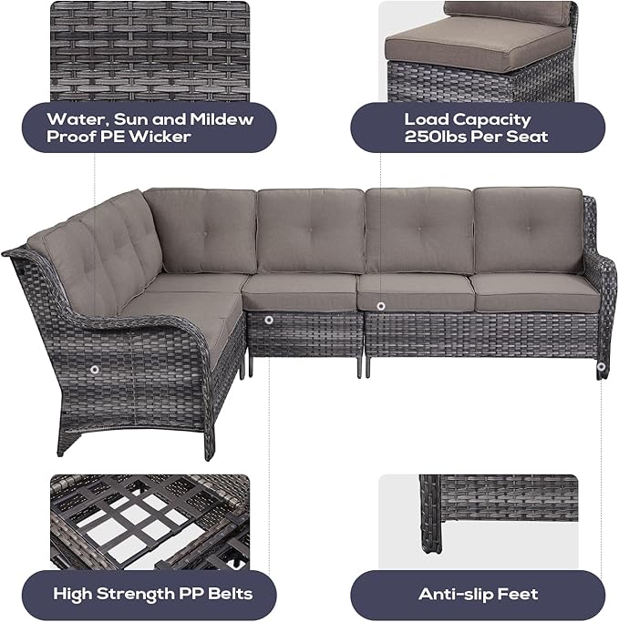 Outdoor Furniture Sectional Sofa L Shaped Couch - Patio Wicker Furniture Set with Coffee Table, 3 Piece Rattan Patio Conversation Sets with Gray Cushion for Deck Backyard Sunroom