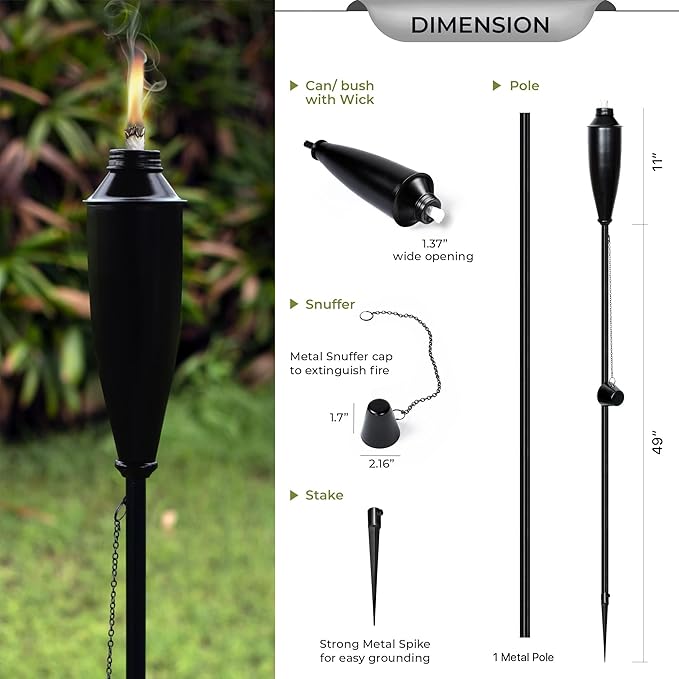Deco Home Pack of 4 Metal Garden Torches - Citronella for Outdoor Ambiance - Decorative and Functional Citronella Torches for Patio, Lawn, and Backyard - Black