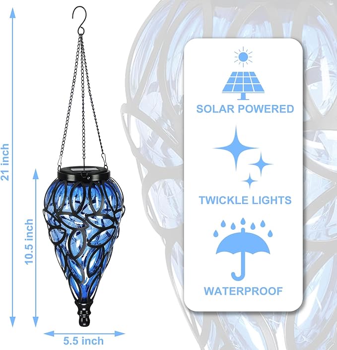 Solar Hanging Lantern Outdoor Lights, Tear-Shaped 15 LEDs Cool White Hanging Lights with S Hooks Decor in Garden, Yard, Pathway, Front Door and Landscape