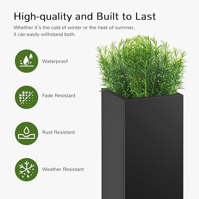 Stoog 30" Tall Planters for Outdoor Plants, All-Weather Metal Planter Boxes Set of 4, with Removable Insert Shelf, Modern Design, Indoor/Outdoor Use, Black