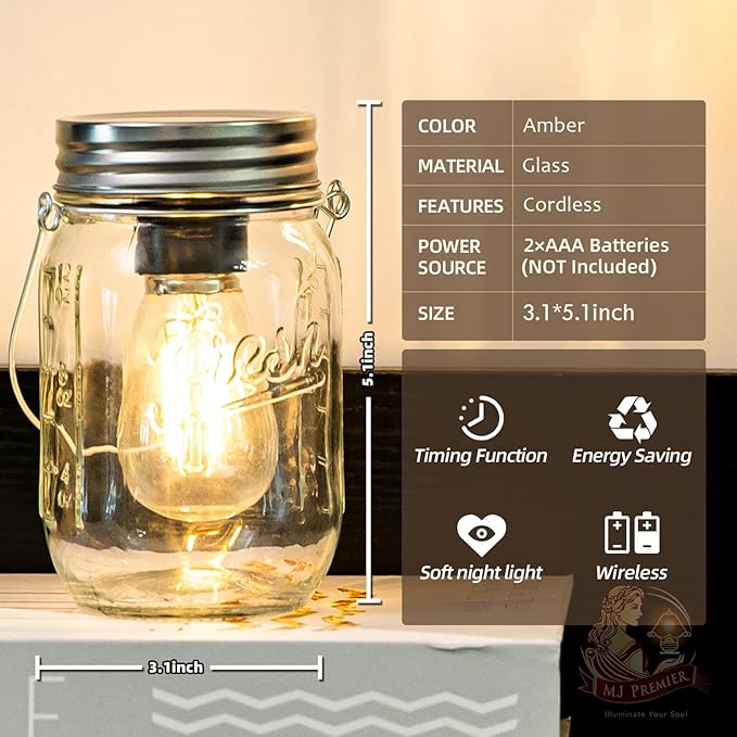 MJ Outdoor Mason Jar Lights Hanging Battery Operated Lamp Timer Cordless Lamps 2-Pack LED Decorative Garden Lanterns Glass Light for Patio Camping Courtyard Backyard Tree Hallway Stairs( Transparent)