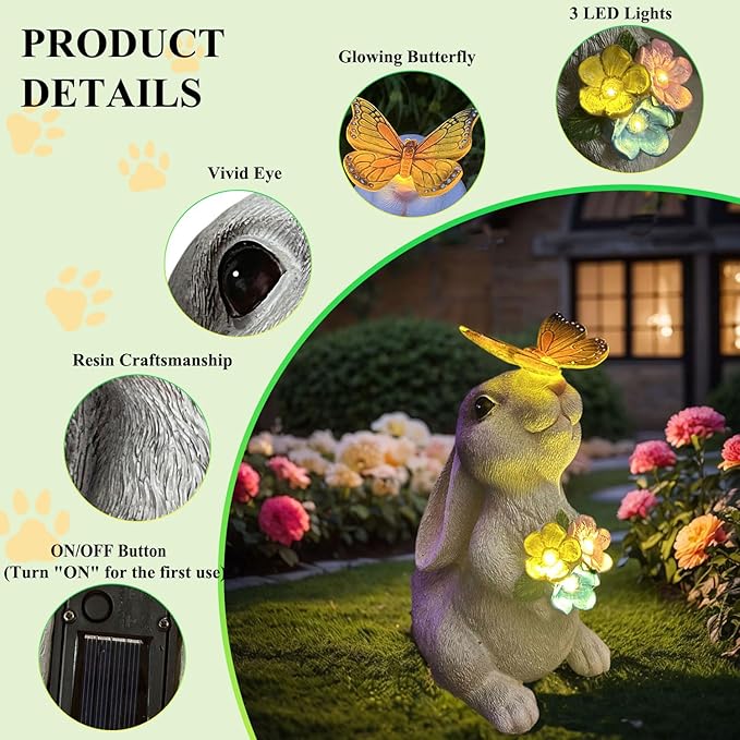 YODY Solar Garden Statues Outdoor Decor- Yard Decorations for Patio, Balcony, Backyard, Lawn Ornaments - Rabbit Figurines with LED Light- Unique Birthday House Warming Gifts for Women, Mom, Grandma