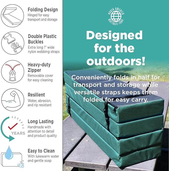 North American Mattress 8' Outdoor Picnic Bench Seat Cushion - 2 Piece Set; 96" (8ft) x 10" x 3"; Gray - Folding & Easy to Carry