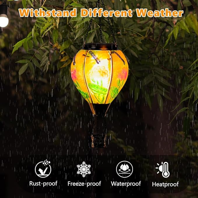 Starsoul Starsoul Dragonfly Hot Air Balloon Solar Lantern Glass Outdoor Hanging Hot Air Balloon Solar Flickering Flame Light Waterproof Garden Patio Yard Party Decorations