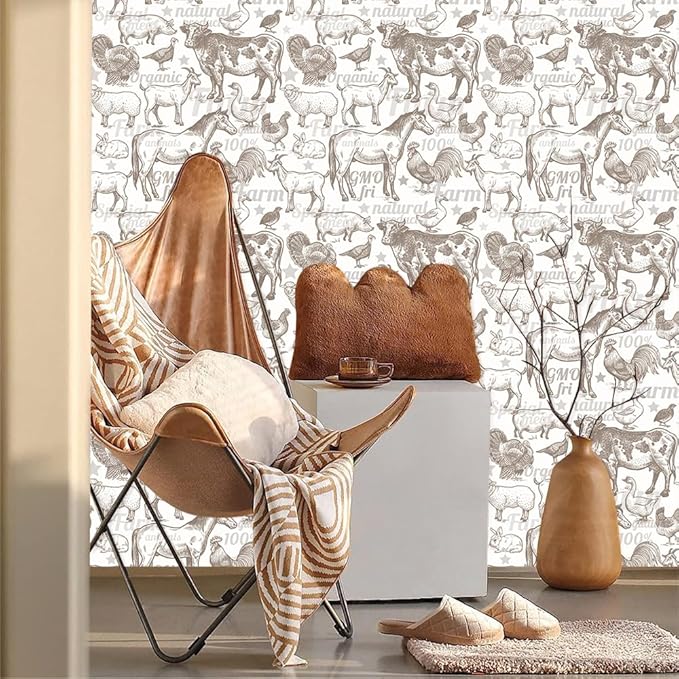 Boho Rustic Farm Animals Cow Rooster Horse Turkey Peel and Stick Wallpaper Self Adhesive Removable Easy Peel Off Stick on Wall Paper for Bedroom Cabinet Renter