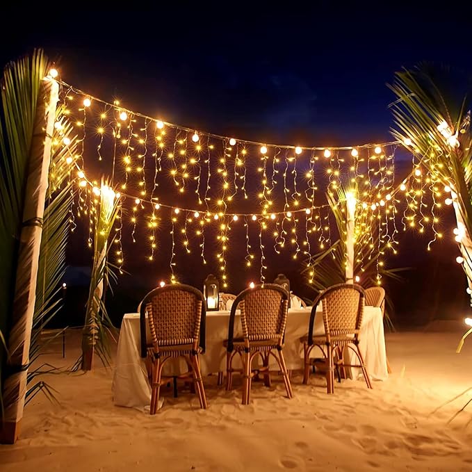 Solar Christmas Lights Outdoor Waterproof Christmas Decorations Curtain Lights 320LED 29.5ft 60 Drops, Solar Powered Rechargeable Fairy Lights for Party, Wedding, Home Decorations(WarmWhite)