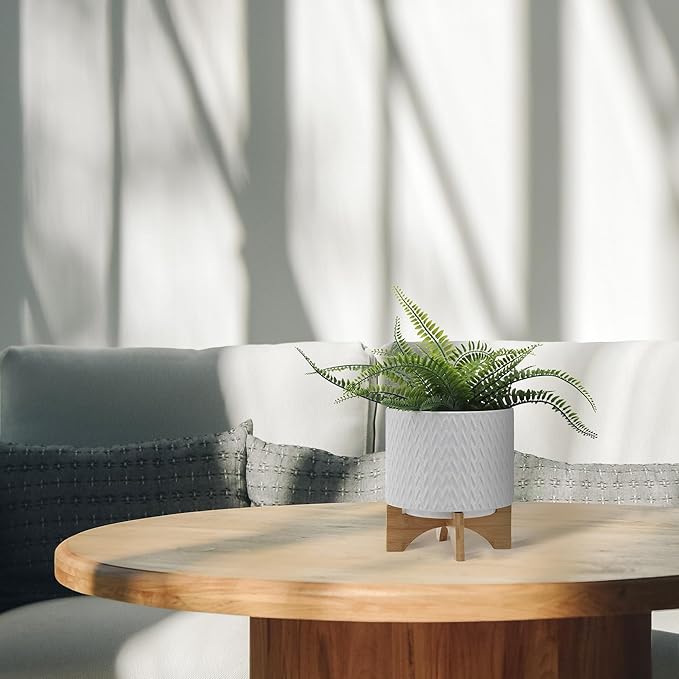 8" Ceramic Planter on Wooden Bamboo Stand - Contemporary White Chevron Design for Indoor or Outdoor Plants, Succulents, Cactus