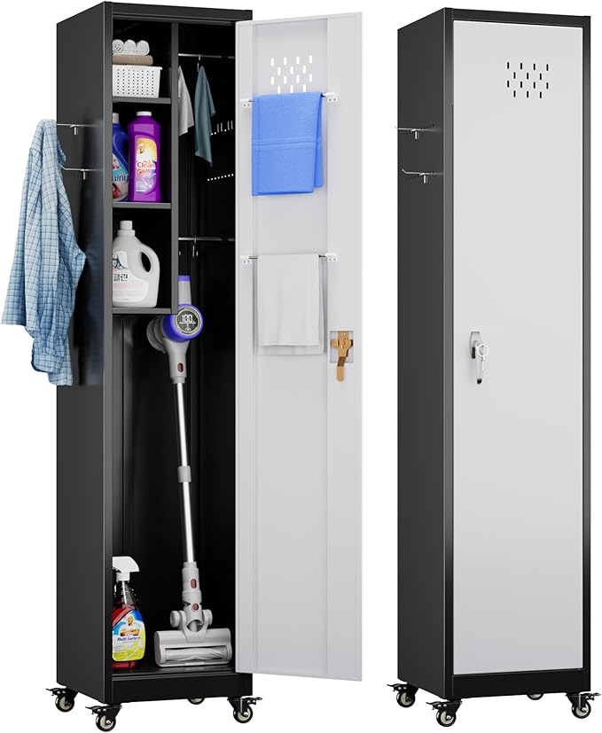 72''H Metal Broom Closet Storage Cabinet with Wheels & Pegboards, Mops Broom Closet Organizer with Locking Door & Hanging Rod,Cleaning Tool Garage Cabinet,Assembly Required,Black White