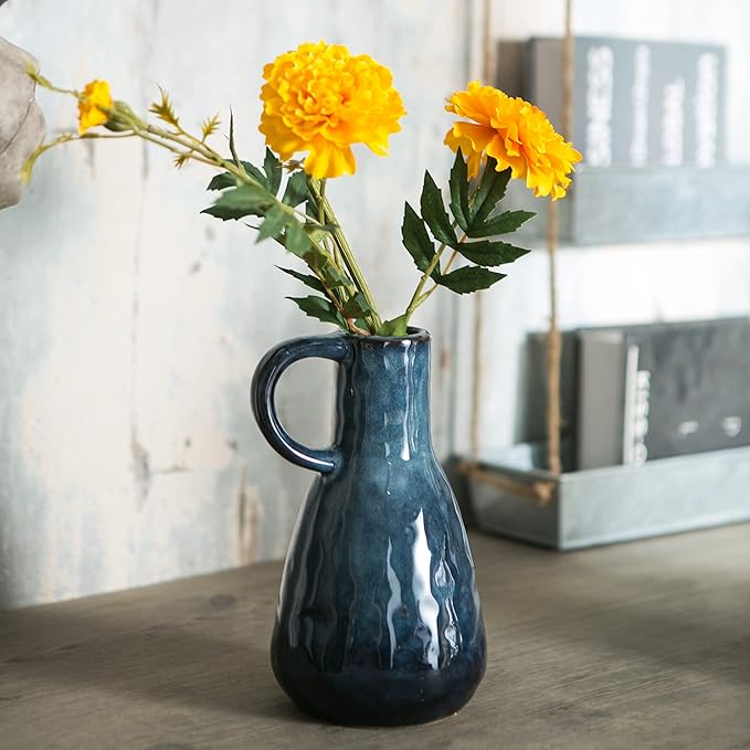 Ceramic Vase Set of 2, Blue Glazed Small Pottery Vases with Handles, Decorative Clay Vase Modern Farmhouse Decor, Centerpiece Dining Table Decorations Porcelain