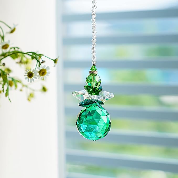 H&D Hanging Crystal Angel Suncatcher Rainbow Maker Guardian Angel Ornament for Home Window Decor (Green)
