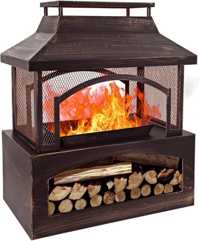 Bestier 37" Fire Pits, Wood Burning Fireplace for Outside Rectangular Chiminea Outdoor Firepits with Poker, Wood Storage, Rain Cover and Removable Fire Grill for Patio, Garden, Backyard, Camping