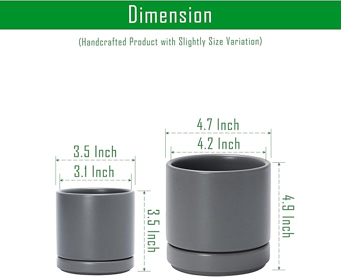 D'vine Dev 3.5 Inch & 4.7 Inch Ceramic Planter Pots for Plants with Drainage Hole and Saucer, X-Small Plant Pots Set, Speckled Grey, 94-G-XS-3