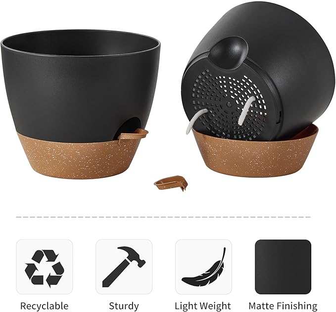 FaithLand 3-Pack Large Planter Pots, 12 10 9 Inch Self Watering Flower Pots for Indoor Outdoor Garden Plants, Black with Brown